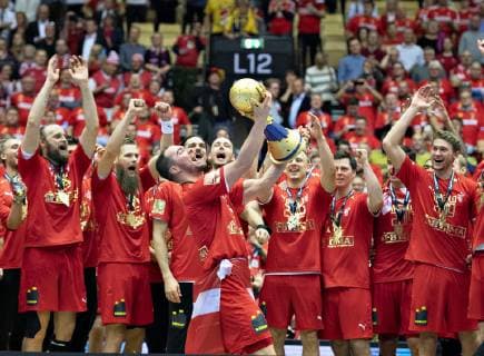 Casper U. Mortensen of Denmark with the trophy and gold medal after the men s IHF Handball World Championship WM Weltmeisterschaft gold medal match between Denmark and Norway in Herning, Denmark, Sunday, Jan. 27, 2019.. , Herning Jylland Denmark Copyright: HenningxBagger HenningxBaggerx COP102 spdk20190127-195127-L