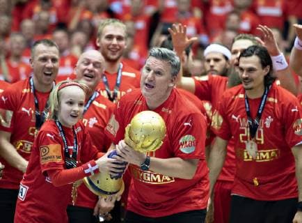 Coach Nikolaj Jacobsen of Denmark with the trophy and gold medal after the men s IHF Handball World Championship WM Weltmeisterschaft gold medal match between Denmark and Norway in Herning, Denmark, Sunday, Jan. 27, 2019.. , Herning Jylland Denmark Copyright: HenningxBagger HenningxBaggerx COP102 spdk20190127-195302-L