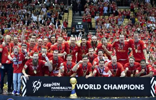 The danish team with the trophy and gold medal after the men s IHF Handball World Championship WM Weltmeisterschaft gold medal match between Denmark and Norway in Herning, Denmark, Sunday, Jan. 27, 2019.. , Herning Jylland Denmark Copyright: HenningxBagger HenningxBaggerx COP102 spdk20190127-200048-L