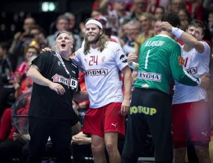 Head coach Nikolaj Jacobsen and Mikkel Hansen of Denmark in the end of the men s IHF Handball World Championship WM Weltmeisterschaft finale between Denmark-Norway in Herning , Denmark on Sunday, Jan. 27, 2019.. , Herning Denmark Copyright: Scanpix LiselottexSabroex COP102 spdk20190127-201610-L