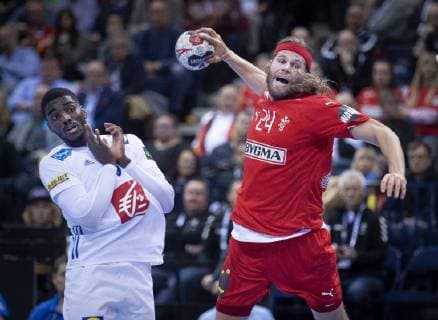 Mikkel Hansen of Denmark and Dika Mem of France during the men s IHF Handball World Championship WM Weltmeisterschaft semifinal between Denmark-France in Hamburg , Germany, on Friday, Jan. 25, 2019.. , Hamburg Copyright: Scanpix LiselottexSabroex cop301 spdk20190128-092043-L