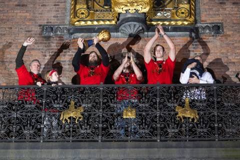 Sport Bilder des Tages Handball, Weltmeister Dänemark wird in Kopenhagen gefeiert Det danske herrelandshold der vandt guld i VM i haandbold hyldes paa Koebenhavns Raadhusplads, mandag den 28. januar 2019. , Copenhagen Copyright: BAX BaxxLindhardtx COP107 spdk20190128-181640-L