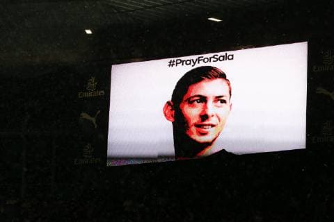 TV screens around the ground say Pray for Sala in memory of Emiliano Sala of Cardiff City during the Premier League match at the Emirates Stadium, London. Picture date: 29th January 2019. Picture credit should read: Craig Mercer Sportimage EDITORIAL USE ONLY. No use with unauthorised audio, video, data, fixture lists, club league logos or live services. Online in-match use limited to 120 images, no video emulation. No use in betting, games or single club league player publications. EH9R8635.JPG