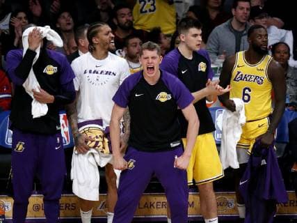 January 29, 2019 - Los Angeles, California, U.S - Los Angeles Lakers Moritz Wagner (15) yells on the bench during an NBA Basketball Herren USA basketball game between Los Angeles Lakers and Philadelphia 76ers Tuesday, Jan. 29, 2019, in Los Angeles. NBA 2019: 76ers 121 : 105 Lakers - ZUMAc68_ 20190129_zaf_c68_010 Copyright: xRingoxChiux