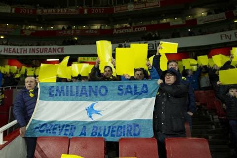 29th January 2019, Emirates Stadium, London, England; EPL Premier League Football, Arsenal versus Cardiff City; A Cardiff City fans hold up a banner in memory of Emiliano Sala  ActionPlus12100826 ShaunxBrooks