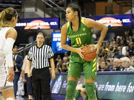 SEATTLE, WA - JANUARY 27: Oregon Ducks forward Satou Sabally (0) passes the ball during a college basketball game between the Oregon Ducks against the Washington Huskies on January 27, 2019, at Alaska Airlines Arena at Hec Edmundson Pavilion in Seattle, WA. (Photo by Joseph Weiser Icon Sportswire) COLLEGE BASKETBALL: JAN 27 Women s Oregon at Washington Icon190127151 EDITORIAL USE ONLY