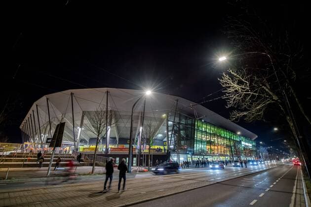 Fußball, Stadiongeschichte SG Dynamo Dresden 30. Januar 2019: Dresden, Fussball 2. Bundesliga, 19. Spieltag: SG Dynamo Dresden - DSC Arminia Bielefeld: Aussenansicht des Rudolf-Harbig-Stadion, Heimstaette von Fussball Zweitligist Dynamo Dresden.