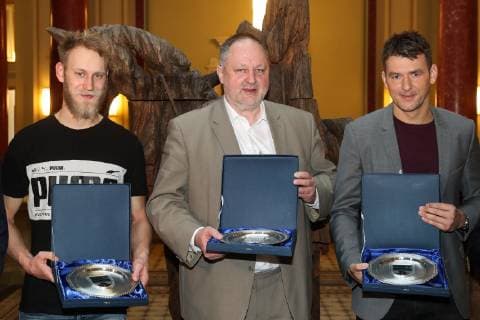 v.li. Matthias Musche (SC Magdeburg,Deutschland),DHB Präsident Andreas Michelmann (Präsident des Deutschen Handballbundes),Bundestrainer Christian Prokop (Deutschland) - Ministerpräsident Dr. Reiner Haseloff empfängt am Mittwoch den 30. Januar 2019 in der Staatskanzlei in Magdeburg eine Delegation der bei der Weltmeisterschaft erfolgreichen deutschen Handballer die aus Sachsen Anhalt stammen - Deutschland, Handball, Mann, Maenner,30.01.2019