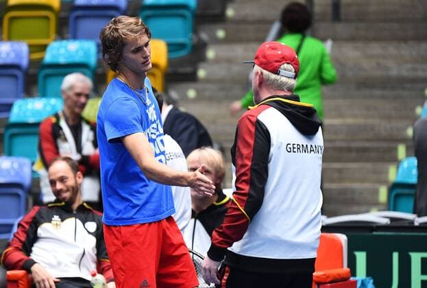 01.02.2019, xjhx, Tennis Davis Cup, Deutschland - Ungarn emspor, v.l. Alexander Zverev (DTB), Boris Becker (Head of Mens Tennis DTB) Frankfurt am Main