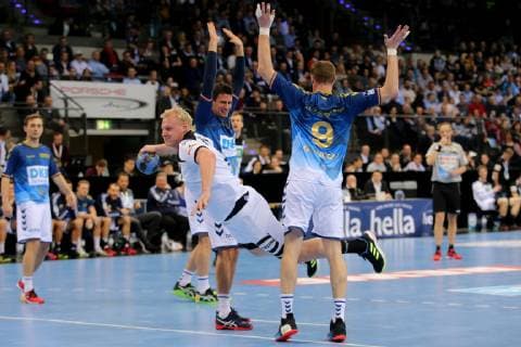Stuttgart, Germany 01.02.2019, All Star Game 2019 - Handball, Andy Schmid (Allstar), Patrick Wiencek (GER) und Holger Glandorf (Allstar) ( DeFodi541