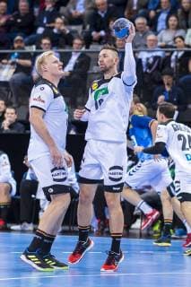 Stuttgart, Deutschland 01. Februar 2019: All Star Game 2019 - Deutschland vs. All Star Team v.li. Patrick Wiencek (Deutschland THW Kiel), Fabian Wiede (Deutschland Fuechse Berlin) Stuttgart Porsche Arena Baden-Württemberg Deutschland