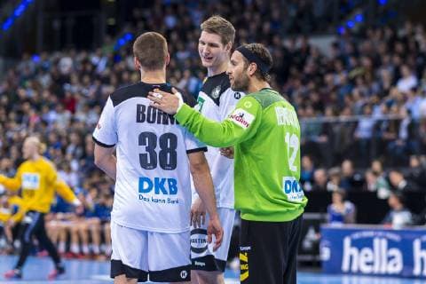 Stuttgart, Deutschland 01. Februar 2019: All Star Game 2019 - Deutschland vs. All Star Team Fabian Böhm Boehm (Deutschland TSV Hannover), Finn Lemke (Deutschland MT Melsungen), Torhueter Silvio Heinevetter (Deutschland Fuechse Berlin) Stuttgart Porsche Arena Baden-Württemberg Deutschland