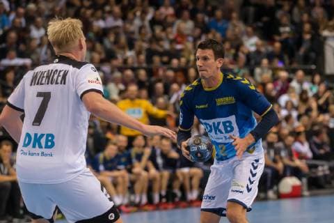 Stuttgart, Germany 01.02.2019, All Star Game 2019 - Handball, Patrick Wiencek (GER) und Andy Schmid (Allstar) im Zweikampf ( DeFodi541