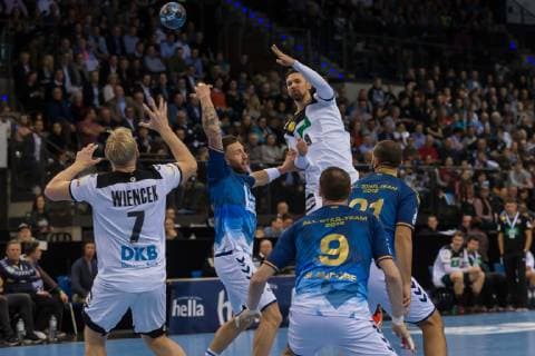 Stuttgart, Germany 01.02.2019, All Star Game 2019 - Handball, Patrick Wiencek (GER), Fabian van Olphen (Allstar), Fabian Wiede (GER), Holger Glandorf (Allstar) und Zeljko Musa (Allstar) im Zweikampf ( DeFodi541