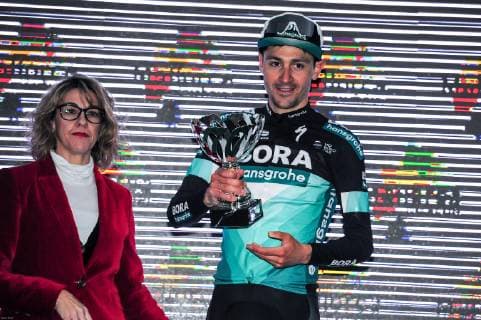 Emanuel Buchmann (GER BORA-hansgrohe) wird Zweiter und bestaetigt seine gute Form nach dem gestrigen Sieg - Podium - Siegerehrung - Jubel - Freudem- Emotionen - Querformat - quer - horizontal - Event Veranstaltung: 28. Mallorca Challenge - Trofeo Serra Tramuntana - Port de Soller nach to Deia 179.3 km - Ort Location: Deia - Region: Mallorca - Baleares - Land Country: Spanien Spain - Datum Date: 02.02.2019