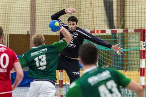 Oehringen, Deutschland 02. Februar 2019: Hohenlohe Cup 2019 - DjK Rimpar vs. TSG Friesenheim Patrick Gempp (Rimpar), Torhueter Matej Asanin (Friesenheim) Oehringen Hohenlohehalle Baden-Württemberg Deutschland