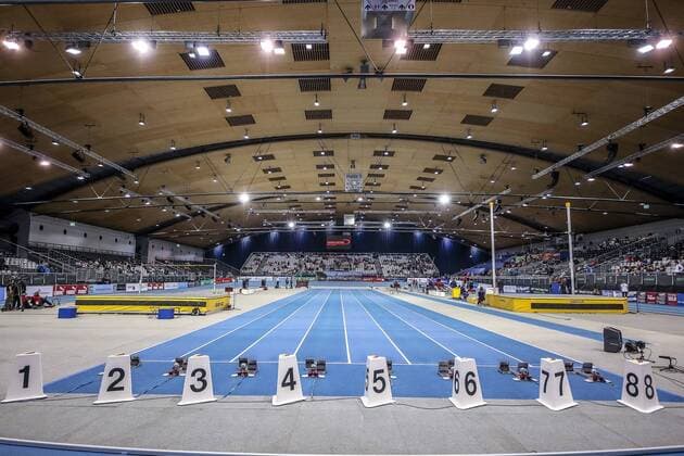 Indoor Meeting Karlsruhe, 02.02.2019 Die noch leere Messe-Leichtathletikhalle; Indoor Meeting Karlsruhe am 02.02.2019 in der Messe-Halle in Karlsruhe (Baden-Wuerttemberg).