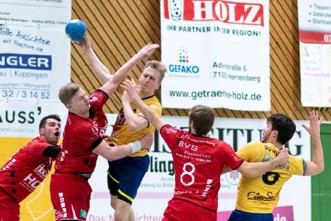 Sascha Marquardt (SG H2Ku Herrenberg 18), Joel Mauch (HSG Konstanz 2 02), Yannik Schopp (SG H2Ku Herrenberg 08), Manuel Both (HSG Konstanz 2 08), SG H2Ku Herrenberg vs. HSG Konstanz 2, Handball, BWOL, Maenner, 02.02.2019, SG H2Ku Herrenberg vs. HSG Konstanz 2, Handball, BWOL, Maenner, 02.02.2019 Herrenberg Copyright: xEIBNER WolfgangxFrankx EP_WFK