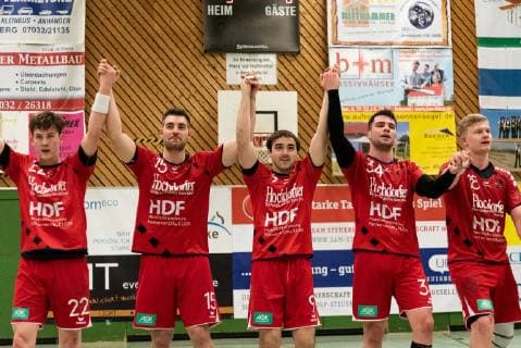 Alexander Zuern (SG H2Ku Herrenberg 22), Maximilian Fuhrmann (SG H2Ku Herrenberg 15), Andreas Kohler 09, Sandro Muench (SG H2Ku Herrenberg 34), Sascha Marquardt (SG H2Ku Herrenberg 18), Siegesjubel, SG H2Ku Herrenberg vs. HSG Konstanz 2, Handball, BWOL, Maenner, 02.02.2019, SG H2Ku Herrenberg vs. HSG Konstanz 2, Handball, BWOL, Maenner, 02.02.2019 Herrenberg Copyright: xEIBNER WolfgangxFrankx EP_WFK