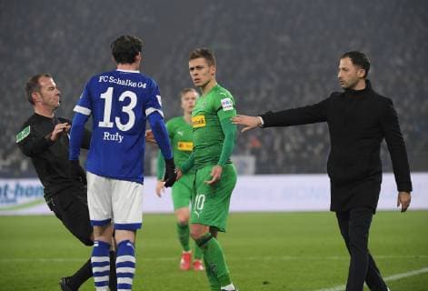 02.02.2019, Fussball GER, Saison 2018 2019, 1. Bundesliga, 20. Spieltag, FC Schalke 04 - Borussia Moenchengladbach 0:2, Rangelei, v.li., Schiedsrichter Marco Fritz, Sebastian Rudy (FC Schalke 04), Thorgan Hazard (Borussia Moenchengladbach), Trainer Domenico Tedesco (FC Schalke 04) DFL REGULATIONS PROHIBIT ANY USE OF PHOTOGRAPHS AS IMAGE SEQUENCES AND OR QUASI-VIDEO.