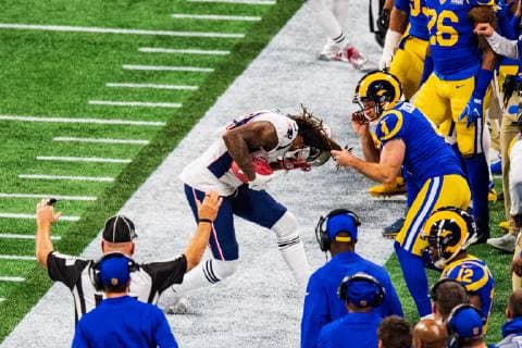 Los Angeles Rams kicker Greg Zuerlein (4) tackles New England Patriots wide receiver Cordarrelle Patterson (84) during Super Bowl LIII between the Los Angeles Rams and the New England Patriots at Mercedes-Benz Stadium in Atlanta, GA. CSM NFL American Football Herren USA 2019: Super Bowl LIII FEB 03 - ZUMAc04_ 20190203_zaf_c04_128 Copyright: xJacobxKupfermanx