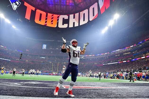 Sport Themen der Woche KW05 Sport Bilder des Tages New England Patriots center David Andrews (60) celebrates a touchdown by teammate Sony Michel (not pictured) in the fourth quarter of Super Bowl LIII against the Los Angeles Rams at Mercedes-Benz Stadium on February 3, 2019 in Atlanta.  SBP20190203380 KEVINxDIETSCH