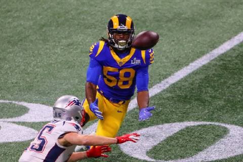 ATLANTA, GA - FEBRUARY 03: Los Angeles Rams inside linebacker Cory Littleton (58) intercepts a pass during the first quarter of Super Bowl LIII between the Los Angeles Rams and the New England Patriots on February 3, 2019 at Mercedes Benz Stadium in Atlanta, GA. (Photo by Rich Graessle Icon Sportswire) NFL American Football Herren USA FEB 03 Super Bowl LIII - Rams v Patriots Icon190203119 EDITORIAL USE ONLY
