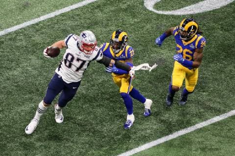 February 3, 2019 Atlanta, GA..New England Patriots tight end Rob Gronkowski 87 running away from Los Angeles Rams defensive back Nickell Robey-Coleman 23 during the Super Bowl LIII between New England Patriots vs Los Angeles Rams at Mercedes-Benz Stadium in Atlanta, GA on February 3, 2019. ( ) NFL American Football Herren USA Super Bowl LIII: NEW ENGLAND PATRIOTS vs LOS ANGELES RAMS FEB 3 - ZUMAc04_ 20190203_zaf_c04_210 Copyright: xJevonexMoorex
