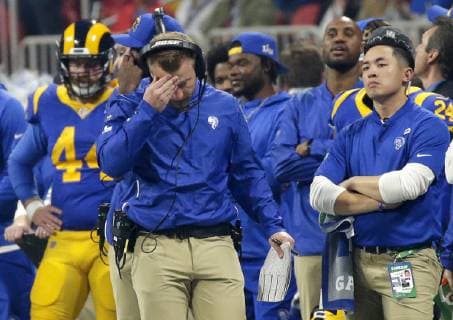 Los Angeles Rams head coach Sean McVay reacts after an interception late in the 4th quarter against the New England Patriots at Super Bowl LIII at Mercedes-Benz Stadium on February 3, 2019 in Atlanta. The Patriots defeated the Rams 13-3.  SBP201902033026 JOHNxANGELILLO