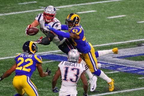 ATLANTA, GA - FEBRUARY 03: New England Patriots tight end Rob Gronkowski (87) during Super Bowl LIII between the Los Angeles Rams and the New England Patriots on February 3, 2019 at Mercedes Benz Stadium in Atlanta, GA. (Photo by Rich Graessle Icon Sportswire) NFL American Football Herren USA FEB 03 Super Bowl LIII - Rams v Patriots Icon190203431 EDITORIAL USE ONLY