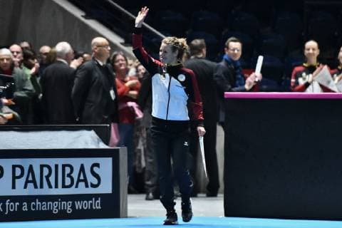 GER, Fed Cup 2019: Auftakt Deutschland vs. Weißrussland in Braunschweig 09.02.2019, Volkswagen Halle, Braunschweig, GER, Fed Cup 2019: Auftakt Deutschland vs. Weißrussland in Braunschweig, im Bild Laura Siegemund (GER), Porsche Team Deutschland bei der Vorstellung der Spieler