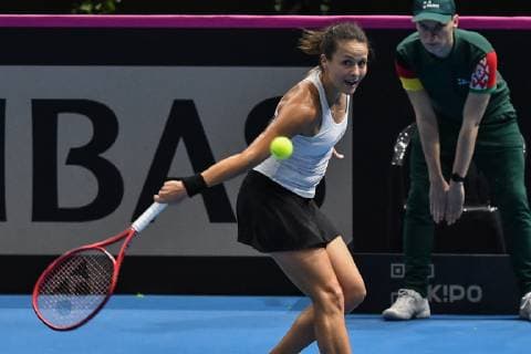 GER, Fed Cup 2019: Auftakt Deutschland vs. Weißrussland in Braunschweig 09.02.2019, Volkswagen Halle, Braunschweig, GER, Fed Cup 2019: Auftakt Deutschland vs. Weißrussland in Braunschweig, im Bild Tatjana Maria (GER), Porsche Team Deutschland beim Rueckhandschlag