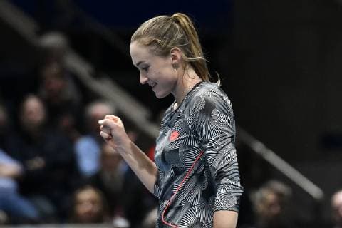 GER, Fed Cup 2019: Auftakt Deutschland vs. Weißrussland in Braunschweig 09.02.2019, Volkswagen Halle, Braunschweig, GER, Fed Cup 2019: Auftakt Deutschland vs. Weißrussland in Braunschweig, im Bild Aliaksandra Sasnovich (BLR) Jubel Freude Emotion nach ihrem Sieg ueber Tatjana Maria (GER), Porsche Team Deutschland