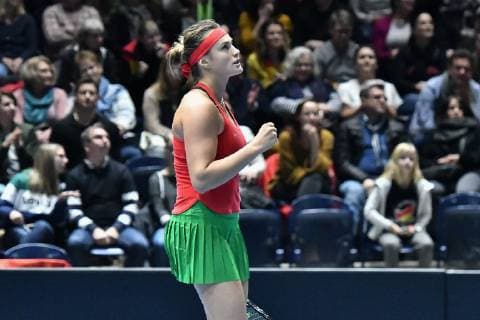 GER, Fed Cup 2019: Auftakt Deutschland vs. Weißrussland in Braunschweig 09.02.2019, Volkswagen Halle, Braunschweig, GER, Fed Cup 2019: Auftakt Deutschland vs. Weißrussland in Braunschweig, im Bild Aryna Sabalenka (BLR) Jubel Freude Emotion zeigt die Faust nach ihrem Sieg gegen Andrea Petkovic (GER), Porsche Team Deutschland