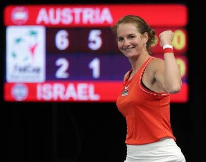 TENNIS - ITF Fed Cup LUXEMBOURG,LUXEMBOURG,09.FEB.19 - Tennis - ITF Fed Cup, Austria vs Israel. Image shows the rejoicing of Melanie Klaffner (AUT). GEPAxpictures xWalterxLuger