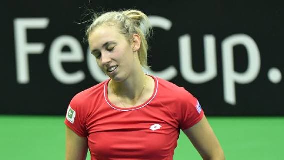 Belgian Elise Mertens reacts after she lost the first set in the tie-break during a tennis match between Belgian Elise Mertens and French Alize Cornet, the second rubber of the Fed Cup tennis meeting between Belgium and France, the quarter-finals of the World Group, Saturday 09 February 2019 in Liege. BENOITxDOPPAGNE  x05527232x