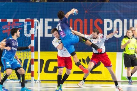 match de ehf champions league entre le Montpellier Handball (mhb) et Meshkov Brest. SIMONET Diego demi centre HANDBALL : Montpellier vs Meshkov brest - Velux ehf champions league - 09 02 2019 GuillaumeBRESSON Panoramic 