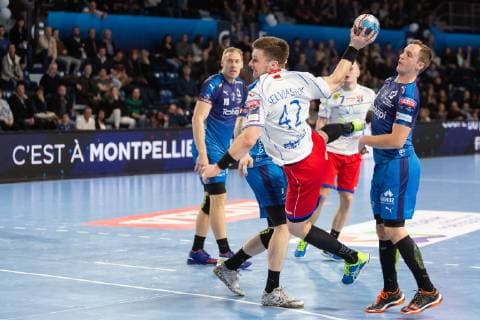 match de ehf champions league entre le Montpellier Handball (mhb) et Meshkov Brest. Artsiom Selvasiuk HANDBALL : Montpellier vs Meshkov brest - Velux ehf champions league - 09 02 2019 GuillaumeBRESSON Panoramic 