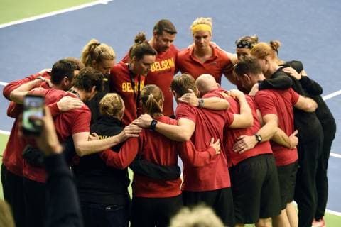 LIEGE, BELGIUM - FEBRUARY 10 : Johan VAN HERCK captain of Belgium, Ysaline BONAVENTURE (BEL) and Kirsten FLIPKENS (BEL) vs Fiona FERRO (FRA) and Pauline PARMENTIER (FRA) pictured during the World Group First Round Fed Cup Game between Belgium and France on February 10, 2019 in Liege, Belgium, 10 02 2019 TENNIS : France vs Belgique - Fed Cup - 10 02 2019 PHOTONEWS PANORAMIC 