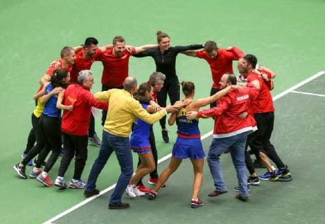 The Czech team lost to Romania 2-3 in the Fed Cup tennis tournament s 1st round after Czechs Barbora Krejcikova and Katerina Siniakova were defeated by Irina-Camelia Begu and Monica Niculescu 7-6, 4-6, 4-6 in the decisive doubles match in Ostrava, Czech Republic, February 10, 2019. Romanian Team celebrates a victory. (CTKxPhoto VladimirxPrycek) CTKPhotoP201902100700201  PRY 46