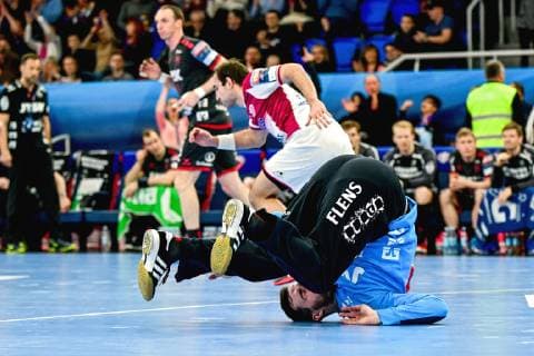 A goalkeeper of SG Flensburg-Handewitt tumbles backwards on the floor during the 2018 2019 VELUX EHF Champions League Group B match against HC Motor Zaporizhzhia at the Yunist Palace of Sports, Zaporizhzhia, southeastern Ukraine, February 10, 2019. Ukrinform. EHF Champions League: Motor snatches 28-26 win over Flensburg at home  Copyright: xDmytroxSmolyenkox