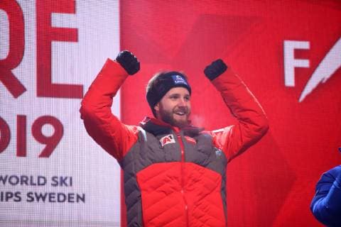 ALPINE SKIING - FIS Ski WC Are ARE,SWEDEN,11.FEB.19 - ALPINE SKIING - FIS Alpine World Ski Championships, alpine combined, slalom, men, award ceremony. Image shows Marco Schwarz (AUT). GEPAxpictures xMarioxKneisl