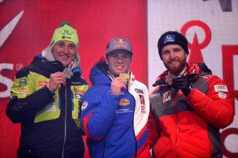 ALPINE SKIING - FIS Ski WC Are ARE,SWEDEN,11.FEB.19 - ALPINE SKIING - FIS Alpine World Ski Championships, alpine combined, men, award ceremony. Image shows Stefan Hadalin (SWE), Alexis Pinturault (FRA) and Marco Schwarz (AUT). Keywords: medal. GEPAxpictures xMarioxKneisl