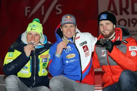 FIS Alpine World Championships 2019 Super Kombination der Herren Die Sieger in der Super Kombination von links: Stefan Hadalin (SLO), Alexis Pinturault (FRA), Victor Muffat-Jeandet (FRA) Are Schweden WM Strecke