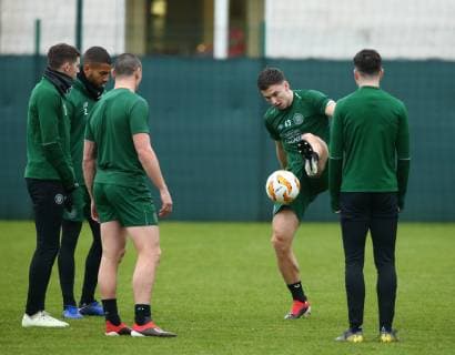 13th February 2019, Lennoxtown Training Centre, Glasgow, Scotland; Celtic Training session ahead of their Europa League tie against Valencia on 14th February; Kieran Tierney of Celtic shows off his juggling skills  ActionPlus12105042 VagelisxGeorgariou