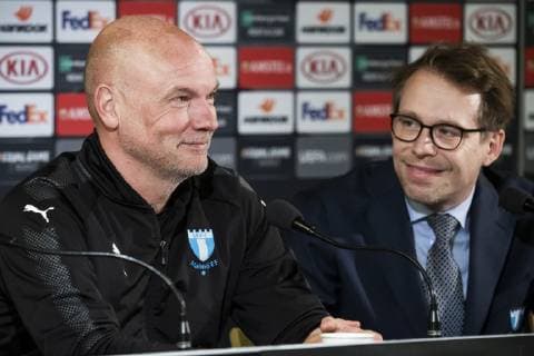 190213 Uwe Rösler, head coach of Malmö FF and Peter Ahlander head of communication during a press conference PK Pressekonferenz ahead of the Europa League match between Malmö FF and Chelsea on February 13, 2019 in Malmö. Photo: Ludvig Thunman BILDBYRAN kod LT 35599 Copyright: LUDVIGxTHUNMAN BB190213LT011