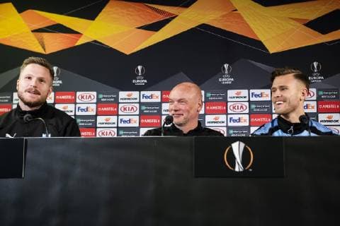 190213 Lasse Nielsen, head coach Uwe Rösler and Arnor Traustason of Malmö FF during a press conference PK Pressekonferenz ahead of the Europa League match between Malmö FF and Chelsea on February 13, 2019 in Malmö. Photo: Ludvig Thunman BILDBYRAN kod LT 35599 Copyright: LUDVIGxTHUNMAN BB190213LT018