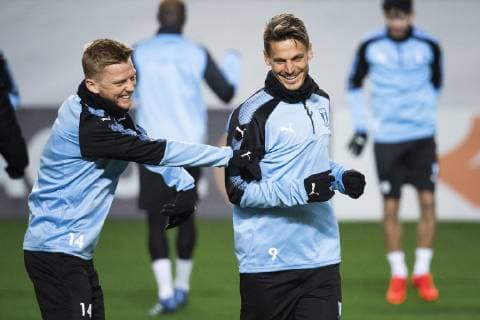 190213 Rasmus Bengtsson och Markus Rosenberg of Malmö FF during a training session ahead of the Europa League match between Malmö FF and Chelsea on February 13, 2019 in Malmö. Photo: Ludvig Thunman BILDBYRAN kod LT 35599 Copyright: LUDVIGxTHUNMAN BB190213LT026