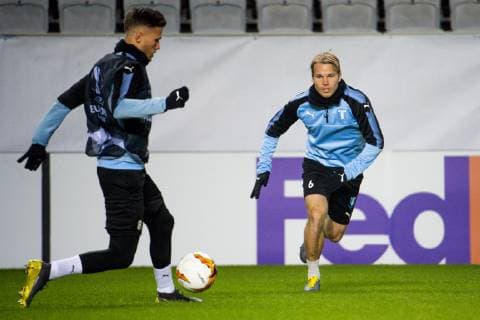 190213 Arnor Traustason and Oscar Lewicki of Malmö FF during a training session ahead of the Europa League match between Malmö FF and Chelsea on February 13, 2019 in Malmö. Photo: Ludvig Thunman BILDBYRN kod LT 35599 Copyright: LUDVIGxTHUNMAN BB190213LT049