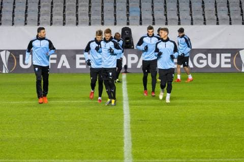 190213 Behrang Safari, Rasmus Bengtsson, Anders Christiansen, Arnor Traustason, Egzon Binaku and Markus Rosenberg of Malmö FF during a training session ahead of the Europa League match between Malmö FF and Chelsea on February 13, 2019 in Malmö. Photo: Ludvig Thunman BILDBYRN kod LT 35599 Copyright: LUDVIGxTHUNMAN BB190213LT072